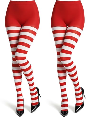 SATINIOR 2 Pairs Womens Christmas in July Striped Tights Leggings Length Stocking for Christmas Costume Party Accessories(Red and White Stripe M)