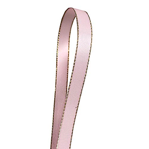 QIANF Pink Double Face Satin Ribbon with Gold Border, 3 8 Inch X 50Yd