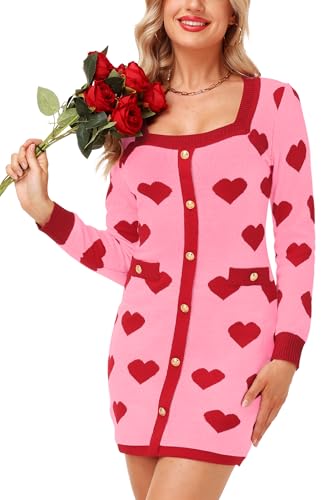Women Valentines Dress Red Heart Print Square Neck Slim Fit Love Winter Party Sweater Dresses Pink L