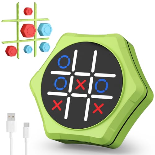 Electronic Tic Tac Toe Game,5-in-1 Handheld Puzzle Games Console,Tic Tac Toe Bolt Game for Educational&Memory,Portable Travel Games for Car Ride with Silent Mode,Toys Gift Idea for Kids & Family-Green