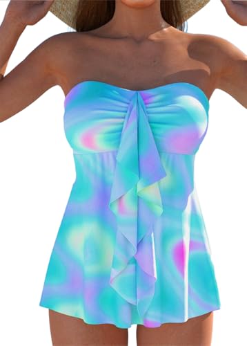 ROSEWE Two Piece Tankini Bathing Suits for Women, Removable Halter Flyaway Swimsuits, Bandeau Top with Briefs