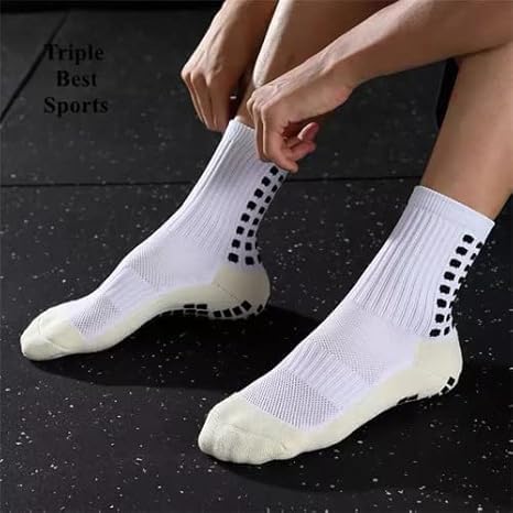DEXSOVO Athletic Sport Anti-slip Socks for Men Women | Crew Length Non-slip Rubber Grip Thicken Cushion socks for footballers, Rugby, Cricket, Yoga, Badminton, Baseball, Sports (White + Black) - Image 2 thumbnail