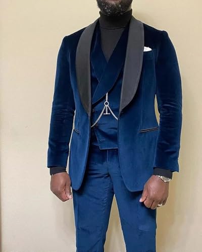 VENNYNG Men's Peak Lapel Velvet Suit 3 Piece Wedding Prom Tuxedo Suit Winter Men Suit3