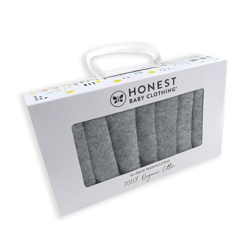 HonestBaby 10-Pack Terry Wash Cloths in Gift Box 100% Organic Cotton for Infant Baby Boys, Girls, 10-Pack Grey Heather, One Size