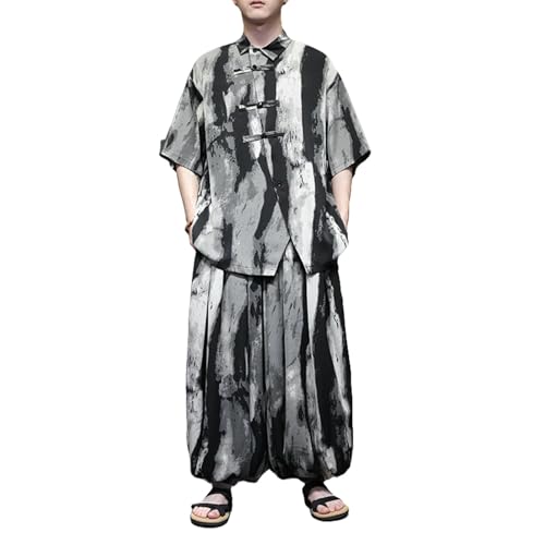 Chemise homme soie glacée rayée ensemble fluide anti-chaleur jambes larges