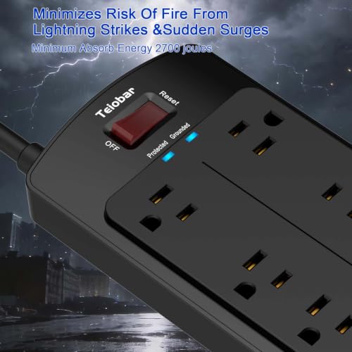 Image of Surge Protector Power Strip - Teiobar Flat Plug Extension Cord with 8 Outlets and 4 USB Ports, 10 Feet Power Cord, 2700 Joules, ETL Listed, Black