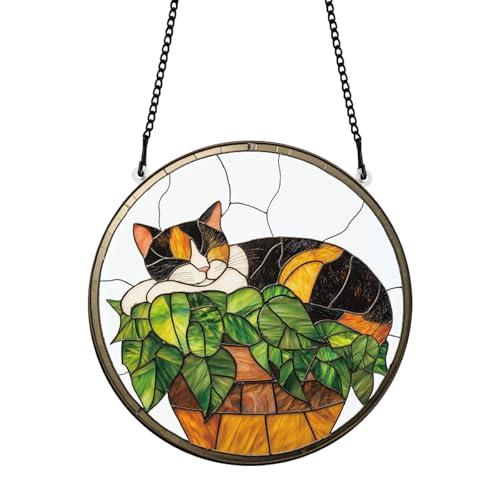 PLIGREAT Painted Cute Cat Sleeping on Potted Plants Stained Suncatcher Window Wall Art Hanging Ornament Acrylic Light Catcher Art Crafts for for Garden Home Indoor Outdoor Hanging Decor