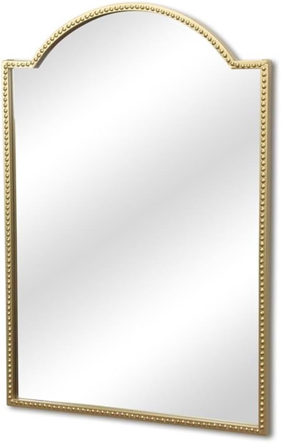 Pemberly Row Arch Top Gold Metal Framed Wall Mirror, 22 in, Studded Details, Handcrafted Design, Wall Mounted Accent Mirror for Bedroom Decor