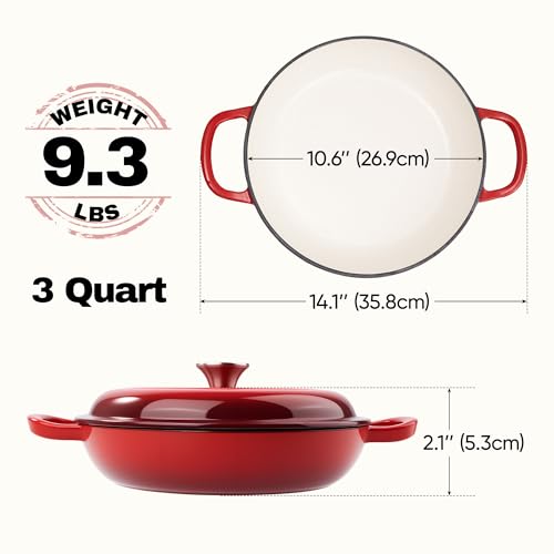 3 Quart Enameled Cast Iron Braiser, Non Stick Enameled Cast Iron Skillet with Lid, Dutch Oven Skillet with lid up to 500°F for Oven, Stove, Grill, Shallow Dutch Oven for Cook, Bake (Red)4