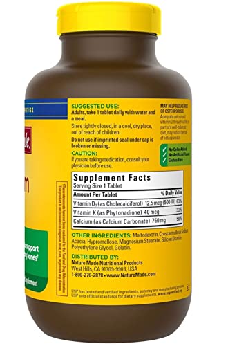 Nature Made Calcium 750 Mg With Vitamin D3 And K, Dietary Supplement For Bone Support, 300 Tablets+Better Guide Vitmins Supplements #TOP2