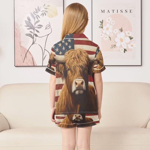 ALAZA Vintage Highland Cattle American Flag Satin Pajamas Set Short Sleeve Button Down Sleepwear Summer Pjs 2 Piece4