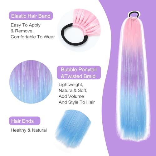 1 Packs 26 Inch Rainbow Ponytail Hair Extensions with Tinsel Hair for Jumbo Braiding Hair Extensions Soft Yaki Straight Synthetic Hair Glitter Ponytail for Girls DIY Box Braids(pink-purple-blue) - Image 3