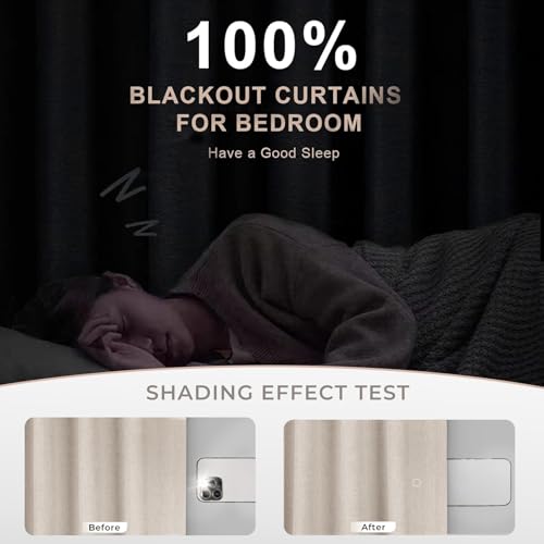 INOVADAY 100% Blackout Curtains 92 Inches Length 2 Panels Set, Back Tab/Rod Pocket Linen Black Out Curtains for Bedroom, Thermal Insulated Window Drapes - Natural Linen, W50 X L92