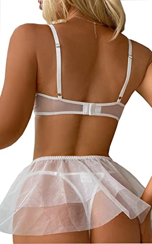 CuteMe Women's 3-Piece Floral Embroidered Sheer Mesh Underwire Lingerie Set with Sheer Tulle Skirt Removable Straps(Q22005- White Floral-M) - Image 3