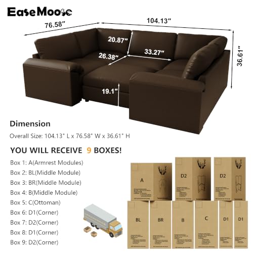 Image of EASE MOOSE Leather Sectional Couch Sleeper, Modular Sofa Bed, Deep Brown