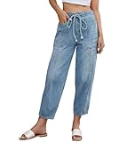 Women's Wide Leg Baggy Jeans Elastic Low Rise Barrel Jean Loose Boyfriend Denim Pants with Drawstring Light Blue