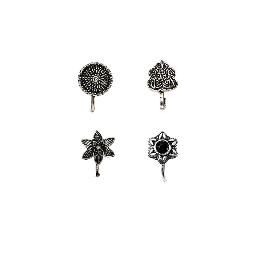 Jewellery fashionable Silver Alloy Trendy Combo Set of 4 Designer Antique Oxidized Nose Pin Studs for Women and Girls Stylish with Piercing Nose.-image-29