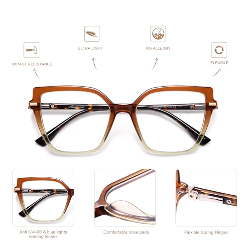 AMOMOMA Trendy Square Blue Light Blocking Reading Glasses for Women Women's Readers Spring Hinge AM6082