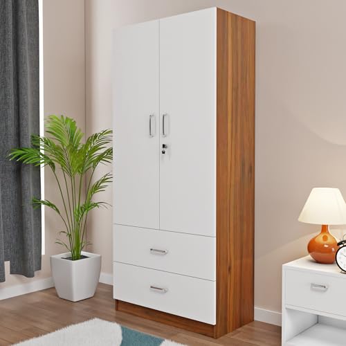 Image of VIKI Wardrobe | Tulum Wardrobe | Wooden Almirah for 2 Door Wardrobe with 2 Drawer & Hanging Space (Brussel Walnut | Frosty White - 40D x 80W x 180.8H) | 1 Year Warranty | Free Assembly