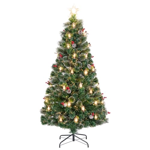 COSTWAY 5FT/6FT Pre-Lit Christmas Tree, Fiber Optic Artificial Xmas Tree with 8 Modes, Warm White LED Lights, Pine Needles, Pine Cones, Red Berries & Kerosene Lamps, Festive Celebration Tree (6FT)