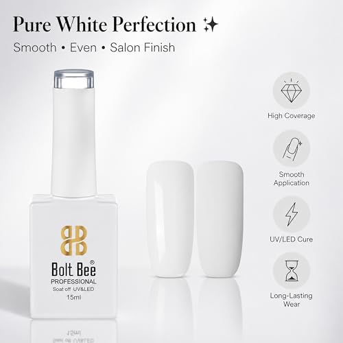 Image of Bolt Bee White Gel Nail Polish with Glossy Finish | Highly Pigmented Soak-Off Gel Paint for UV LED Lamp | Long-Lasting, Non-Smudging Nail Polish for Salon & Home Manicure | Gift Set for Women - 15ml