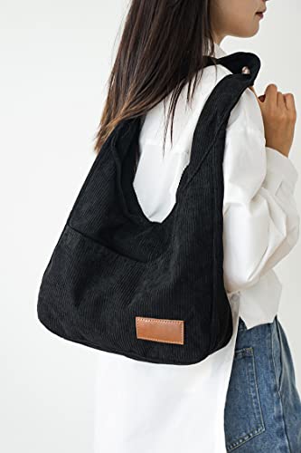 Image of Corduroy Fabric Shoulder Bag Retro Hobo Bag Casual Tote Bag | Multiple Pockets / Wide Strap / Foldable Purse