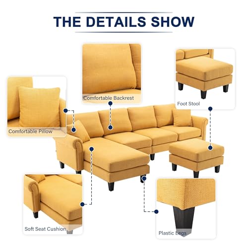 Image of Nathan 6 Seater L Shape Sofa with Centre Table | 6 Seater Sofa Set for Living Room (Nathan Yellow, LHS)