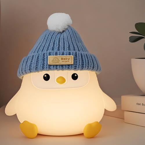 FAMIDUO Penguin Lamp with Knit Hat,Kawaii Penguin Night Light,Food Grade Silicone,Dimmable Nursery Nightlight,LED Squishy Novelty Animal Lamp,Kids Room Decor,Funny Gifts for Kids Boys Girls Baby