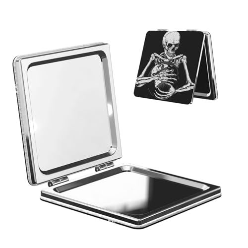 Skeleton Gripping A Globe Travel Makeup Mirror Double-Sided Portable Compact Makeup Mirror Pocket Magnifying Pu Leather Travel Mirror for Daily Work Business Square