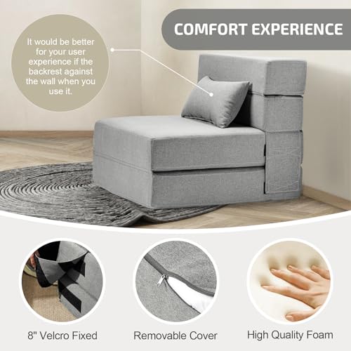 Folding Sofa Bed with Pillow- Convertible Chair Floor Couch & Sleeping Mattress, Foldable Memory Foam Sleeper for Living Room/Dorm/Guest Room/Home Office/Apartment/Loft, Single28, Light Gray