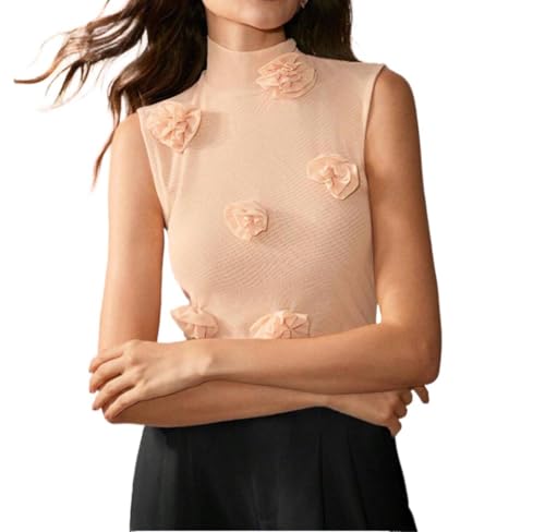 Women's Rosette Embellished Smock Neck Blouse High Neck Sleeveless Cute Tank Tops