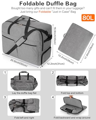 Image of 80L Foldable Large Travel Duffle Bag for Men and Women, Packable Duffel Bags with Shoe Compartment, Water Repellent & Tear Resistant (Gray)