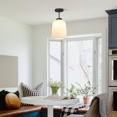 Image of Mid Century Semi Flush Mount Ceiling Lamp - Retro Striation Glass - Vintage Black Close to Ceiling Light for Hallway Passway