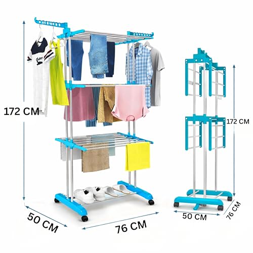 Image of JIALTO Foldable Clothes Drying Stand with Wheels, 3 Layer Heavy Duty Stainless Steel Cloth Dryer Stand, Multi Tier Big Size Garment Dryer for Bedroom, Balcony & Outdoor Use