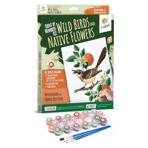 CraftLab Wild Birds Paint by Numbers Kit for Adults Teens Beginners, DIY Painting Accessories, Brushes Acrylic Paints, Stretched Canvas 10 x 12 inch Gift (Mockingbird & Orange Blossoms) Cover