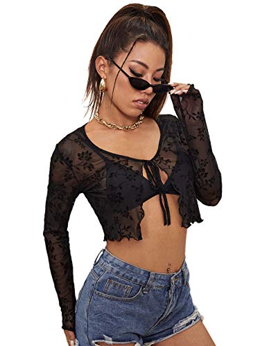 Floerns Women's Sheer Mesh Long Sleeve Open Front Self Tie Crop Top Without Bra Black M - Image 4