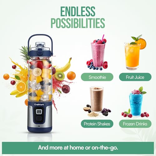 CraftMark Portable Blender 600ml - Personal Mini Blender with Dual Blades, USB-C & Leakproof Bottle - Smoothie Maker for Protein Shakes, Ice Crushing, Frozen Fruit - Ideal for Gym, Travel, and Office - Image 5
