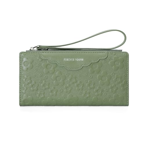 Women's Leather Wallet, Large Capacity Clutch with Phone Holder, Floral Embossed Design, Elegant Travel Purse Wristlet