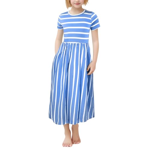 Kids Girls Short Sleeve Stripe Dress Summer Casual Loose Dresses Cute Holiday Long Maxi Dress with Pockets 2-12 Years Old