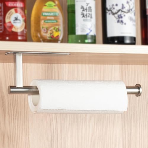 Image of ASTOFLI Paper Towel Holder Under Cabinet No Drilling, Self Adhesive Paper Towel Holder Wall Mount for Kitchen Rack, Under Counter Napin Holder No Drill, RV, 304 Stainless Steel, Silver