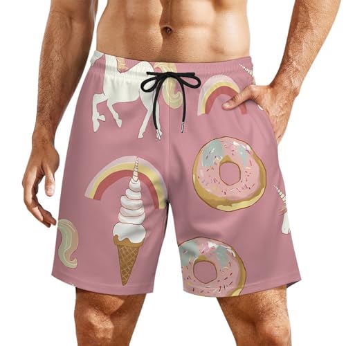 Unicorms Ice-Cream and Doughnuts Beach Shorts for Men Swim Trunks Quick Dry Swim Shorts with Compression Liner Pocket