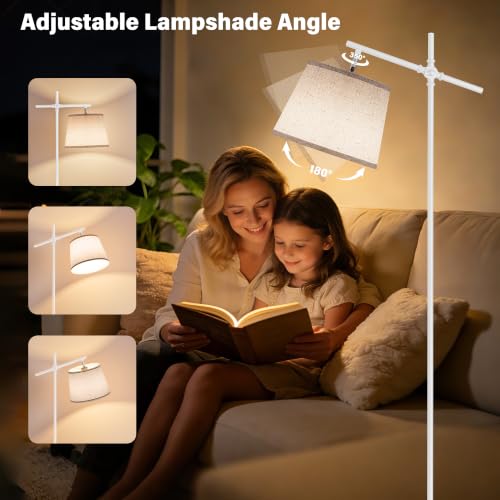 Image of SIBRILLE Floor Lamp with Linen Shade, Dimmable Tall Standing Lamp with Remote Control & 3 Color Temperatures Bulb, Modern Swing Arm Floor Lamps for Living Room Bedroom Office Corner