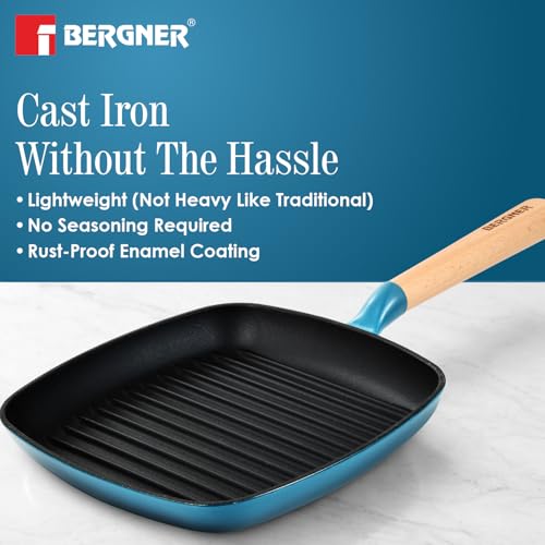 Image of BERGNER Excalibur Lightweight Cast Iron Square Grill Pan 24cm, Sturdy Wooden Handle, Non-Stick Coating, PFAS Free, Perfect Heat Distribution, Elegant Design - Induction Compatible (Blue)