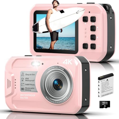 Image of 4K Underwater Camera, 64MP 16FT Waterproof Camera w /16GB Card, Pink | Floatable Digital Camera, 16X Digital Zoom, Auto Focus, Fill Light, 650mAh Battery, Ideal for Travel, Surfing, Swimming