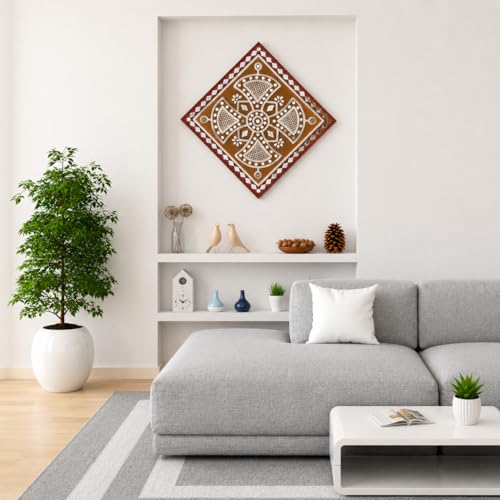 Image of Ethnics of Kutch Traditional Kutch Handicraft Mud-Mirrorwork Lippan Kam Wall Art (Water and Break Resistant) - Square (12 inch x 12 inch) - (Maroon - LKT-0235)
