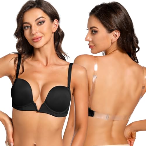 Image of YBCG Plunge Bra with Clear Back Straps Backless Deep V Convertible Push up Padded Add 2 Cup Low Cut Underwire for Women