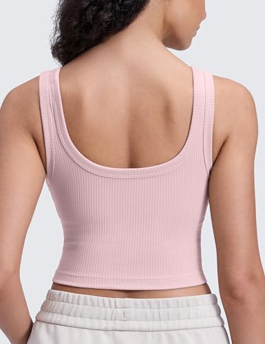 Image of CRZ YOGA Ribbed U Neck Crop Tank Tops | Medium Support, Removable Pads, Casual, Wide Straps, Longline Sports Bras for Women