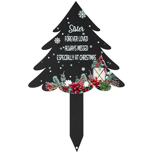 BUoonyer Christmas Stake Graves Cemetery Decorations - Sister Metal Memorial Grave Markers Girl Graveyard Sympathy Plaque Xmas Tree Cardinals Remembrance Graveside Burial Decor Sign for Outdoor Yard