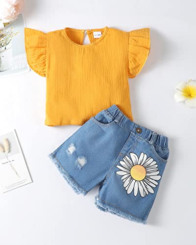 Renotemy Toddler Baby Girls Clothes Summer Outfits Ruffle Sleeve Tops Belt Shorts Pant Clothing Shorts Sets for Girls2