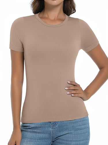 OVESPORT 3 Pack Ribbed Womens Basic T Shirts Summer Tops Gym Workout Short Sleeve Slim Fit Crop Tops2